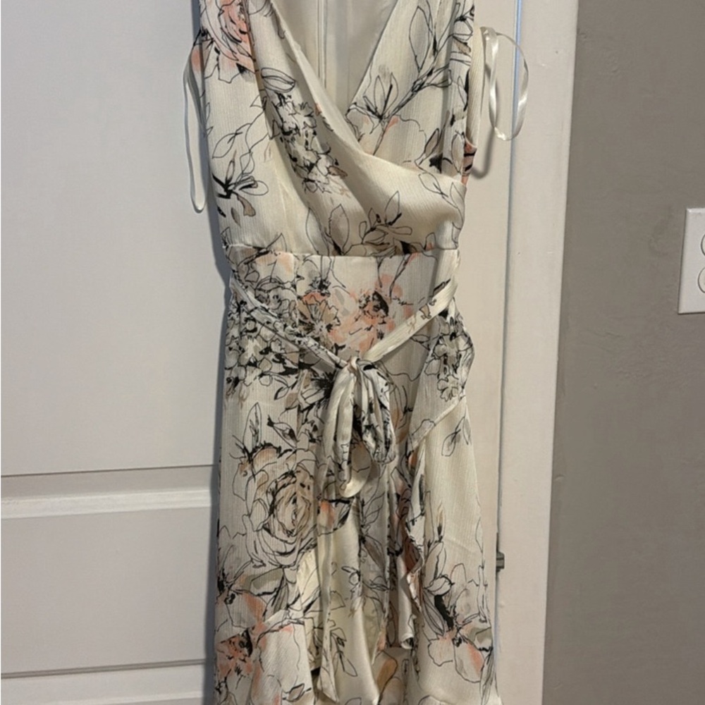 White House Black Market Cream Floral Wrap Midi Dress with Blush Accents